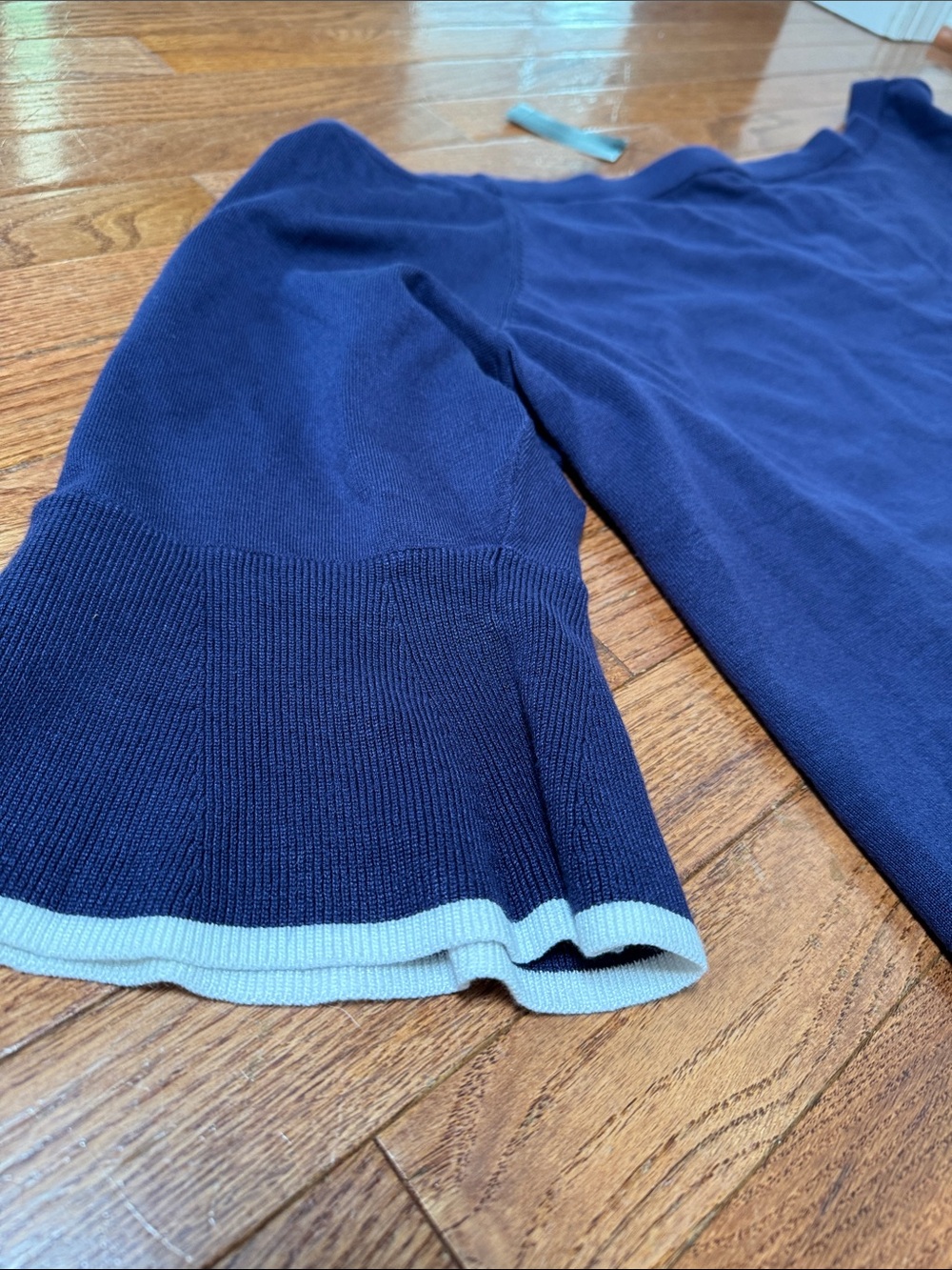 Lane Bryant Navy Off-Shoulder Knit Top with white Contrast Trim and bell sleeve - Picture 4 of 5